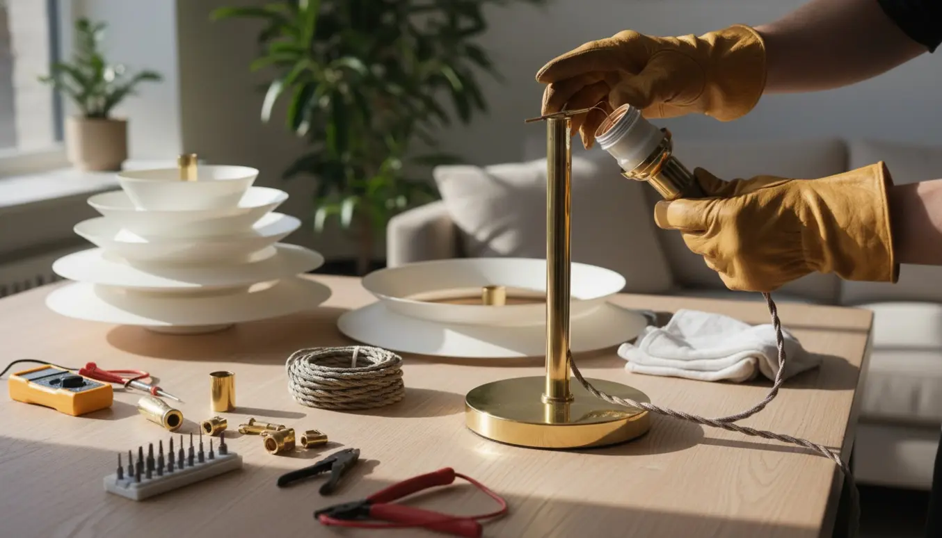 Nærbillede af en PH-standerlampe på et bord, hvor en ny fatning og ledning bliver monteret med værktøj ved siden af.