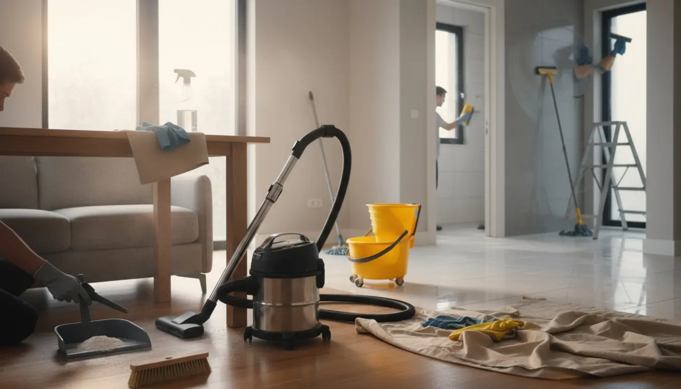 Hænder støvsuger og vasker efter håndværkere, rengøring af fliser, gulve og vinduer i et lyst hjem.
