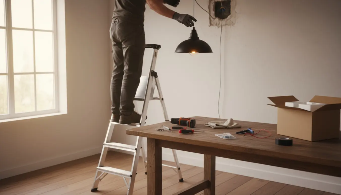 En person på en stige hænger en pendel over et spisebord, med værktøj og ledninger synlige på bordet.