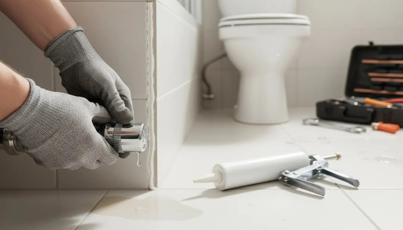 Håndværker arbejder på en dryppende radiator, lægger nye fuger i badeværelset og spænder et løst toilet.