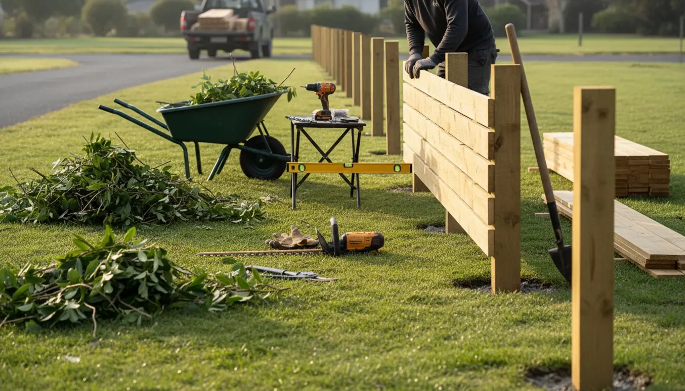 Fjernelse af hæk og opsætning af nyt træhegn med klinkerprofiler, værktøj og hækaffald i forgrunden.