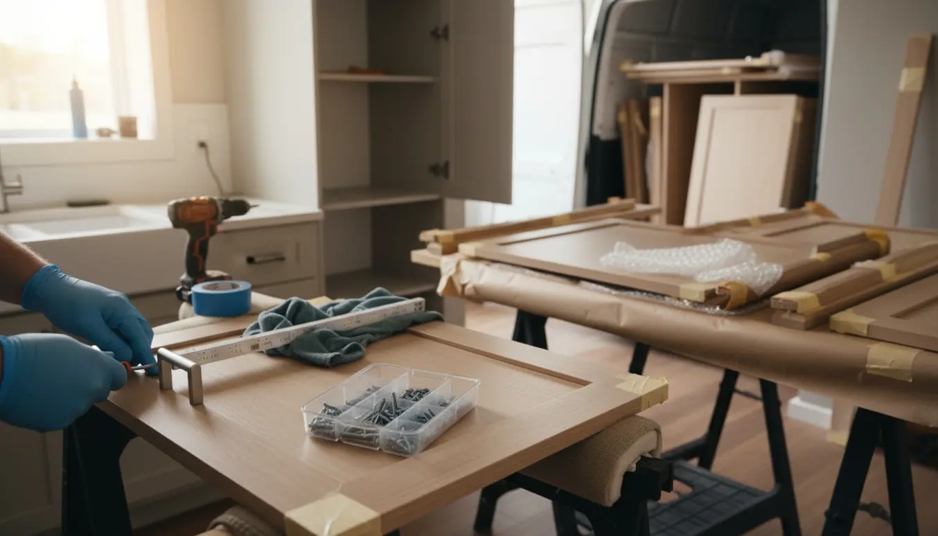 Afmonterede køkkenlåger og værktøj klar til opfriskning og sprøjtemaling.