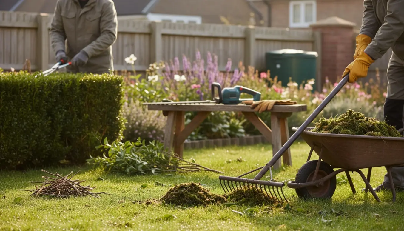 En havearbejder rykker mos op fra græsset og klipper buske, med trillebør og afklip i baggrunden.