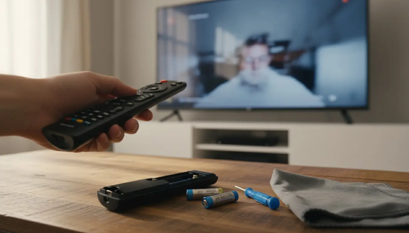 Nærbillede af fjernbetjening foran et tv med åben batterirum og udskiflingsbatterier klar til fejlsøgning.