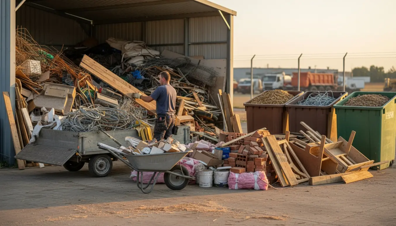 Trailer ved genbrugsstation hvor byggeaffald og gamle stole læsses af fra carporten.