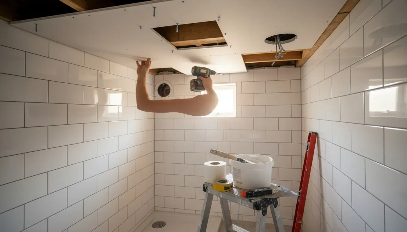 Håndværker monterer vådrumsgipsloft i et lille københavner-badeværelse med udskæring til lampe, ventilation og inspektionslem.