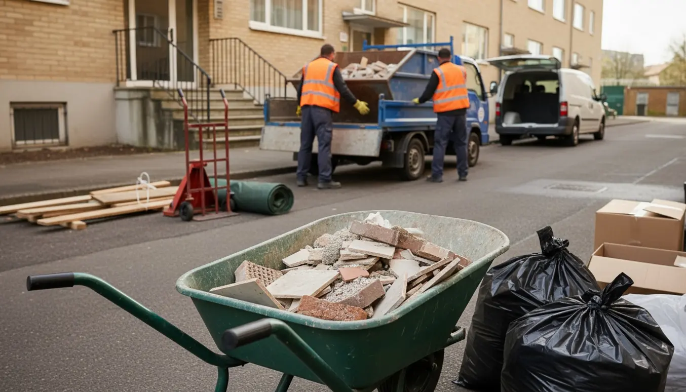 Trillebør og sække med byggeaffald foran en åben container, arbejdere læsser materiale med ansigter skjult.