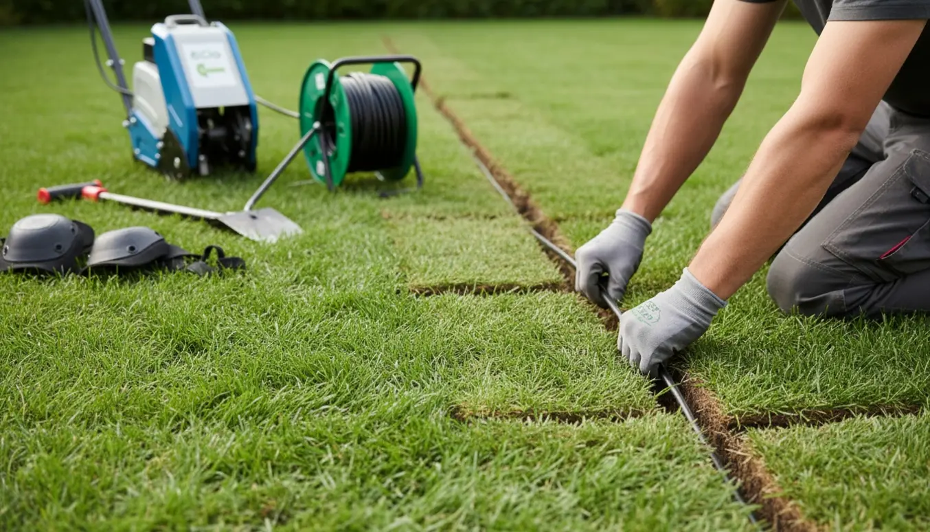 Nærbillede af nedgravning af elkabel i græsplæne med en smal rille og værktøj på græsset.