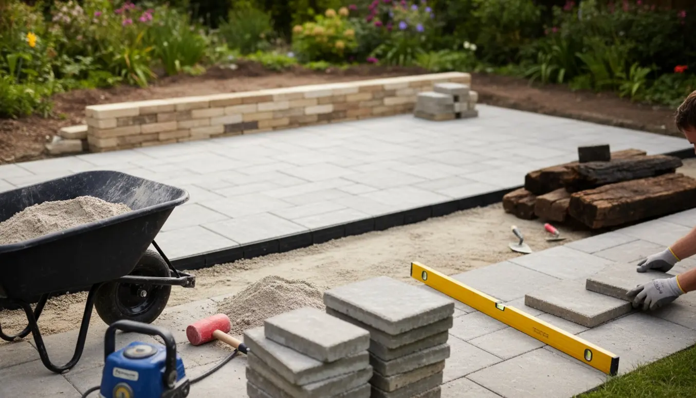 Terrasse under renovering med fliser, værktøj og en ny lav støttemur under opbygning.