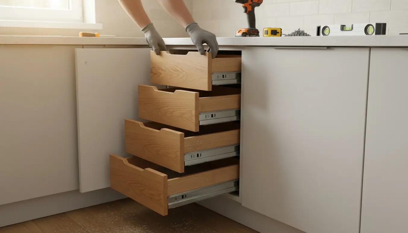 Montør monterer fire udtræksskuffer i et standard køkkenskab med værktøj på bordet.