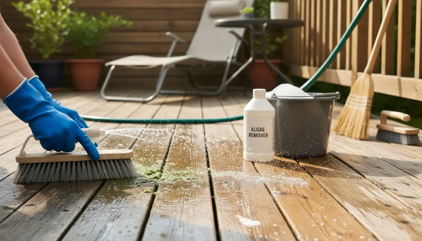 Nærbillede af rengøring af træterrasse med haveslange, børste og algerens, der viser før‑og‑efter.