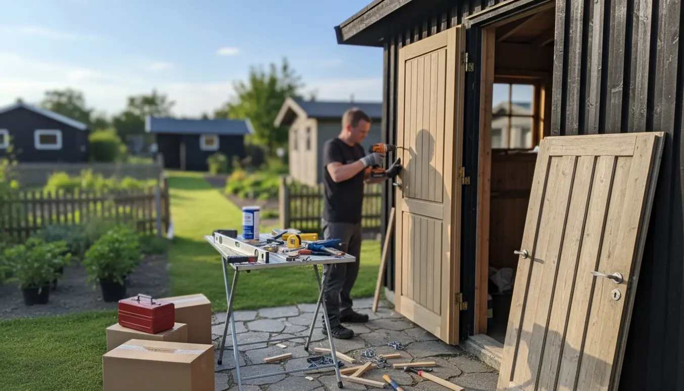 Udskiftning af hoveddør i en kolonihave i Herlev med værktøj og nye dørdetaljer i fokus.