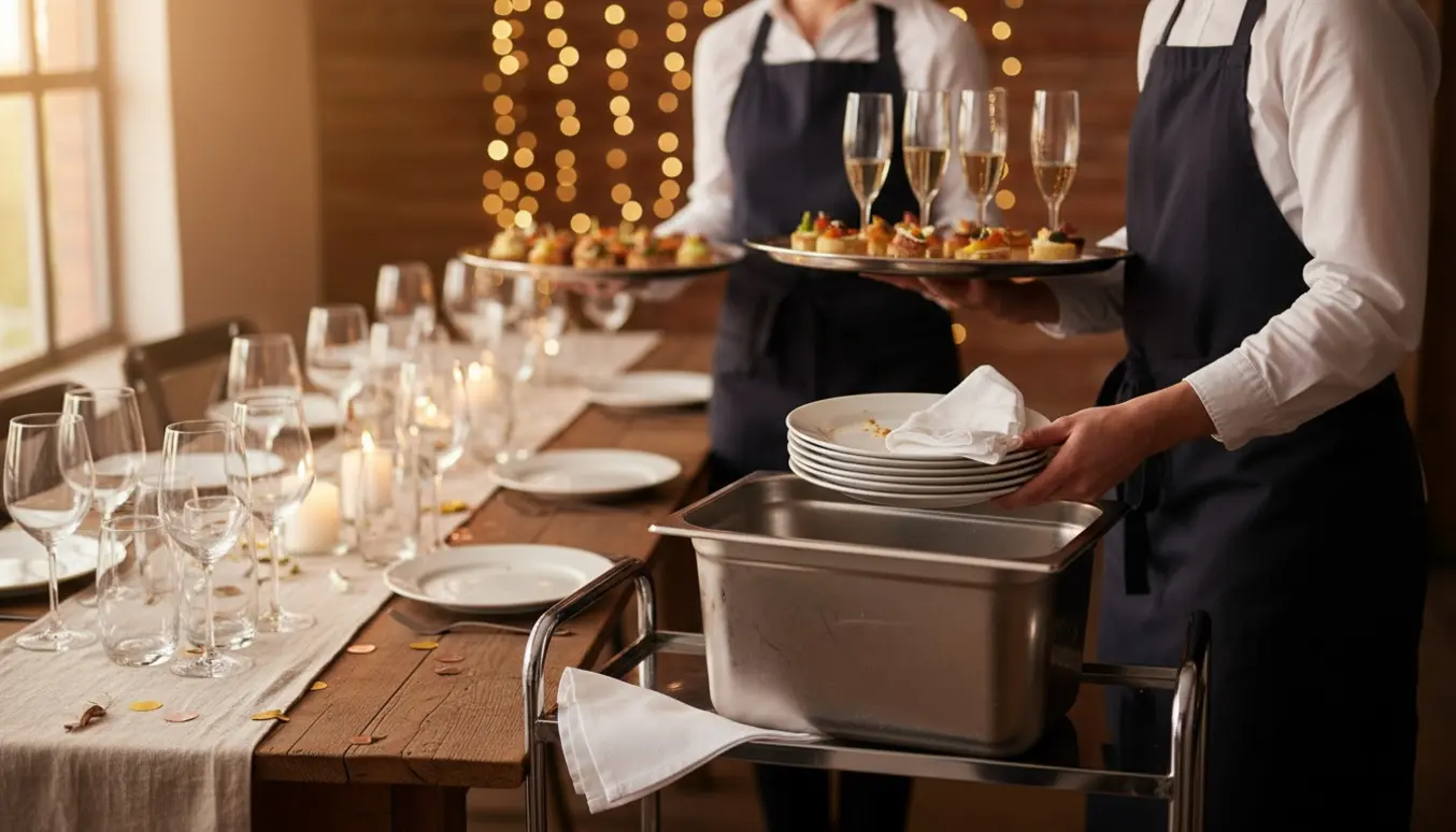 To serveringspersoner uden klare ansigter rydder et festbord med fade, glas og serveringsbakker i varmt aftentlys.