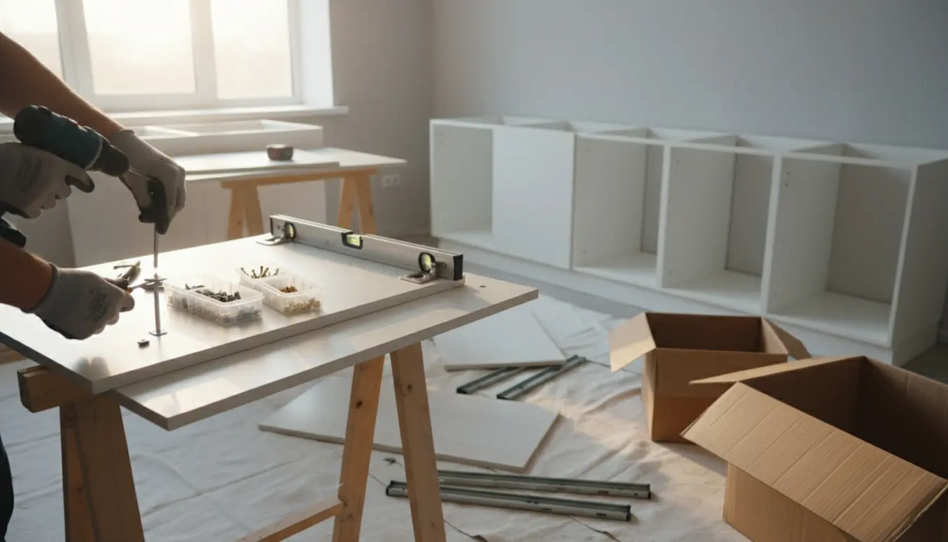 Samling af fladpakkede køkkenskabe i et lyst køkken med værktøj og færdige skabe klar til montering.