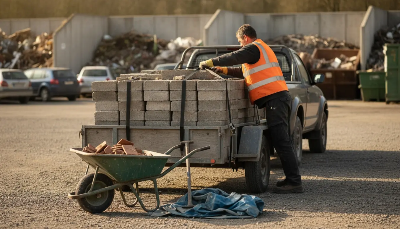 En person læsser bunker af betonfliser på en trailer ved genbrugspladsen.