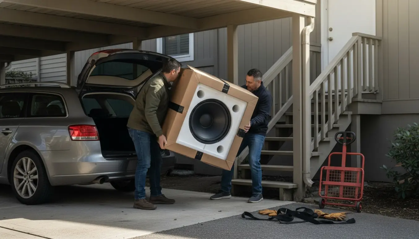 To personer flytter en tung papkasse med en subwoofer fra bilens bagagerum og hen mod trappen i et rækkehus.
