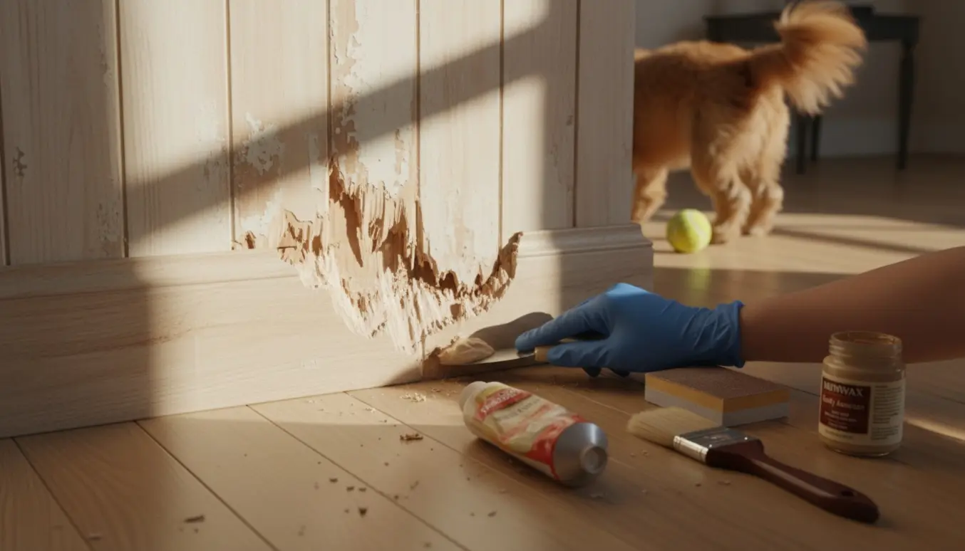 Gnavede træpaneler ved gulv med værktøj og reparationsmaterialer i et solbelyst rum.