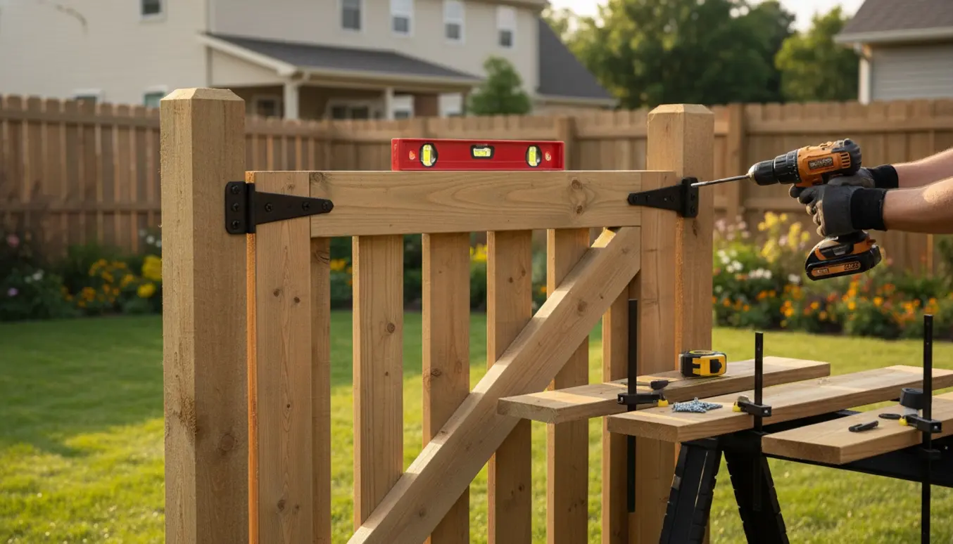 En træhavelåge bliver monteret i en solbeskinnet baghave.