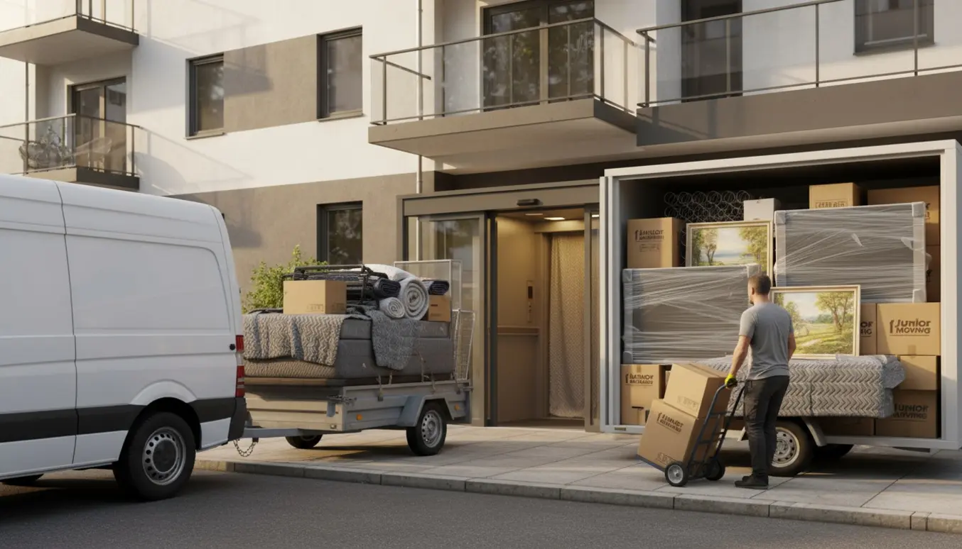 Varevogn og trailer foran opgang, flyttemøbler og kasser trilles mod en åben elevator, ansigter ikke synlige.