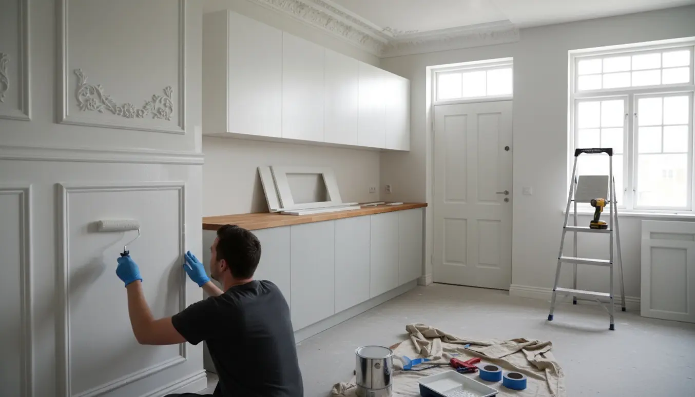 Køkken under renovering med hænder, der maler paneler hvide, nymalede vinduer og loftskabe monteret over eksisterende IKEA-skab.