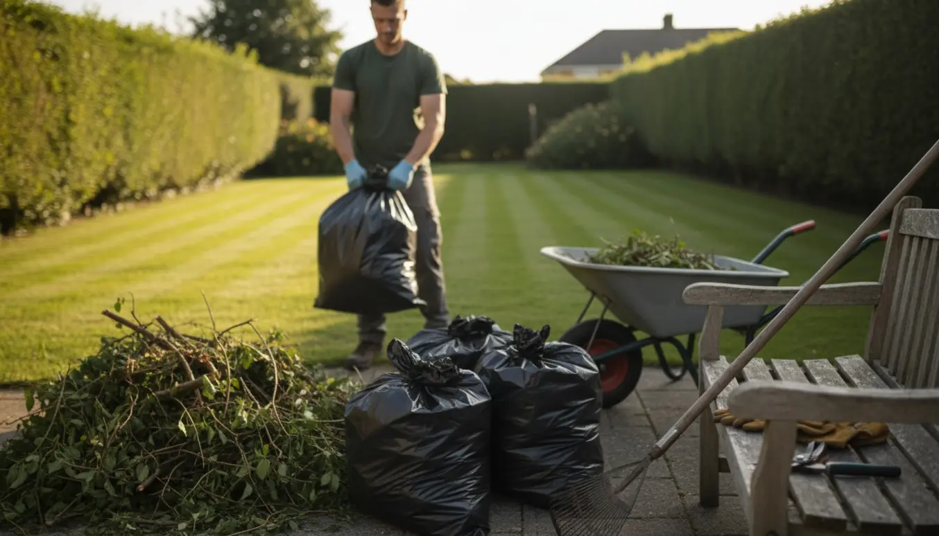 En havemand trækker en fyldt sort affaldssæk i en solbeskinnet have med trillebør, rive og afklippede grene.