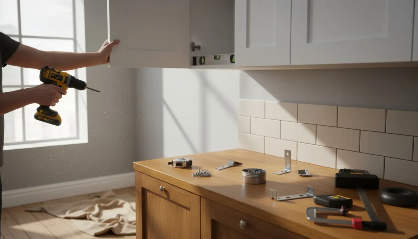 Hænder monterer et hvidt køkkenskab med bore- og vaterpas i et lyst køkken.