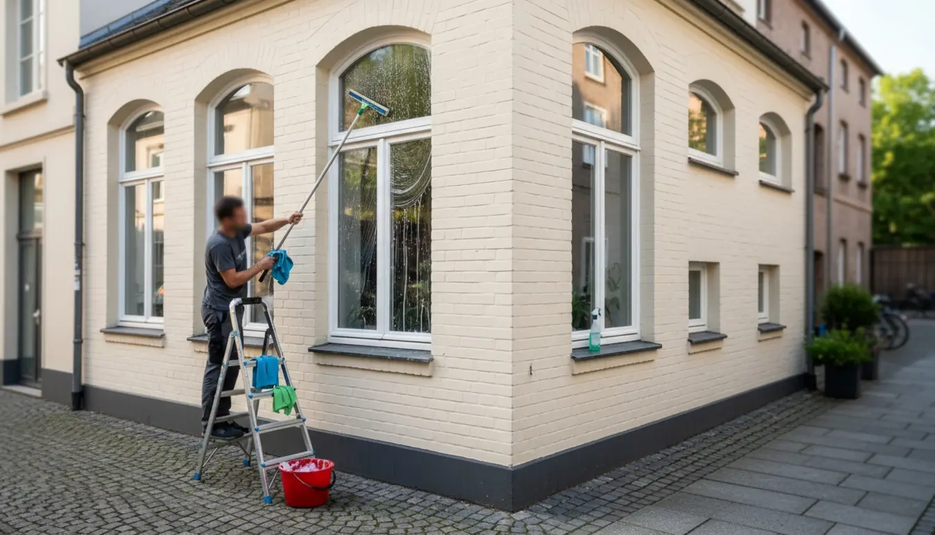 Udendørs vinduesvask af klinikens gade- og gårdvinduer med squeegee og spand.