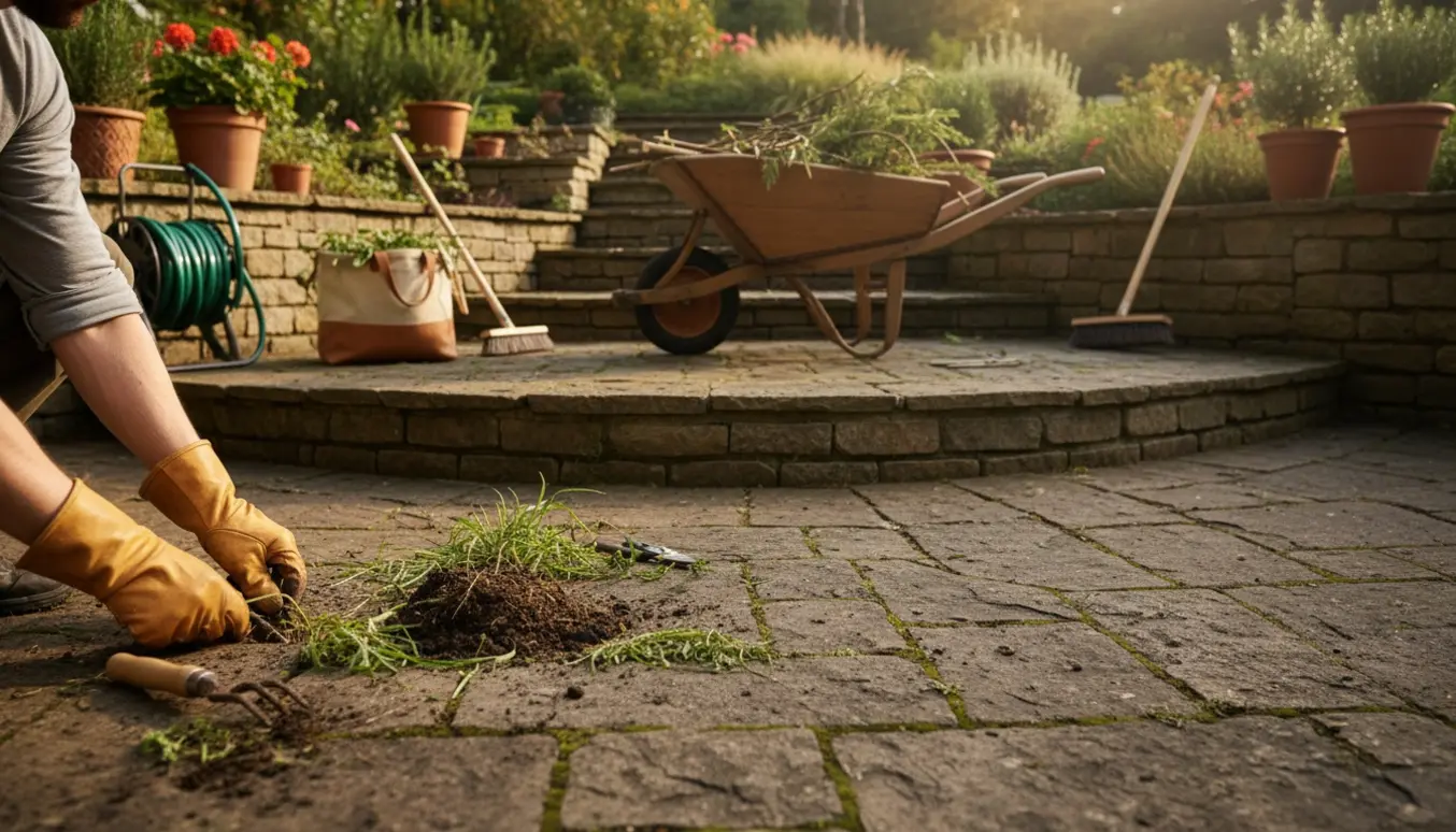 Nærbillede af hænder, der fjerner ukrudt mellem terrassens fliser med beskårne buske og redskaber i baggrunden.