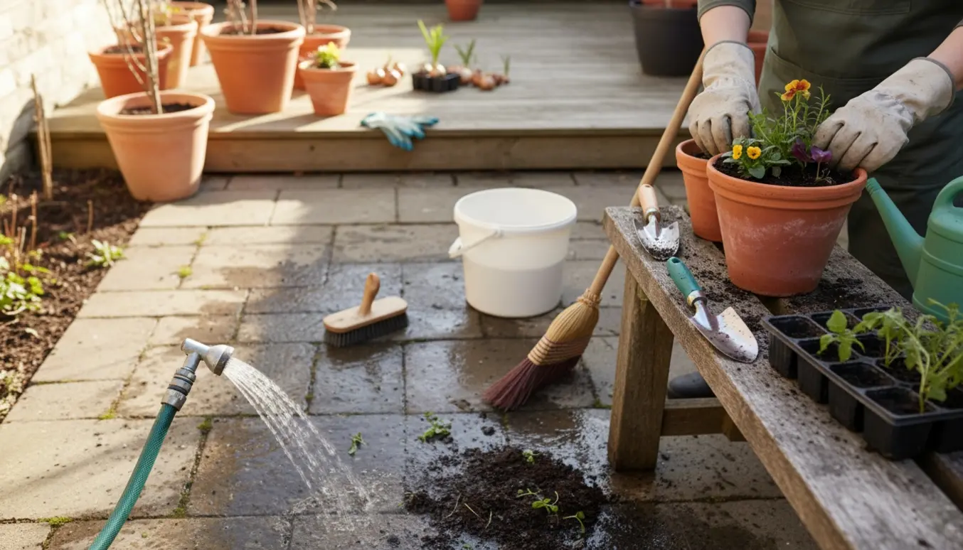 Rengøring af terrasse og gangbro med kost, vandsprøjt og plantning af krukker.