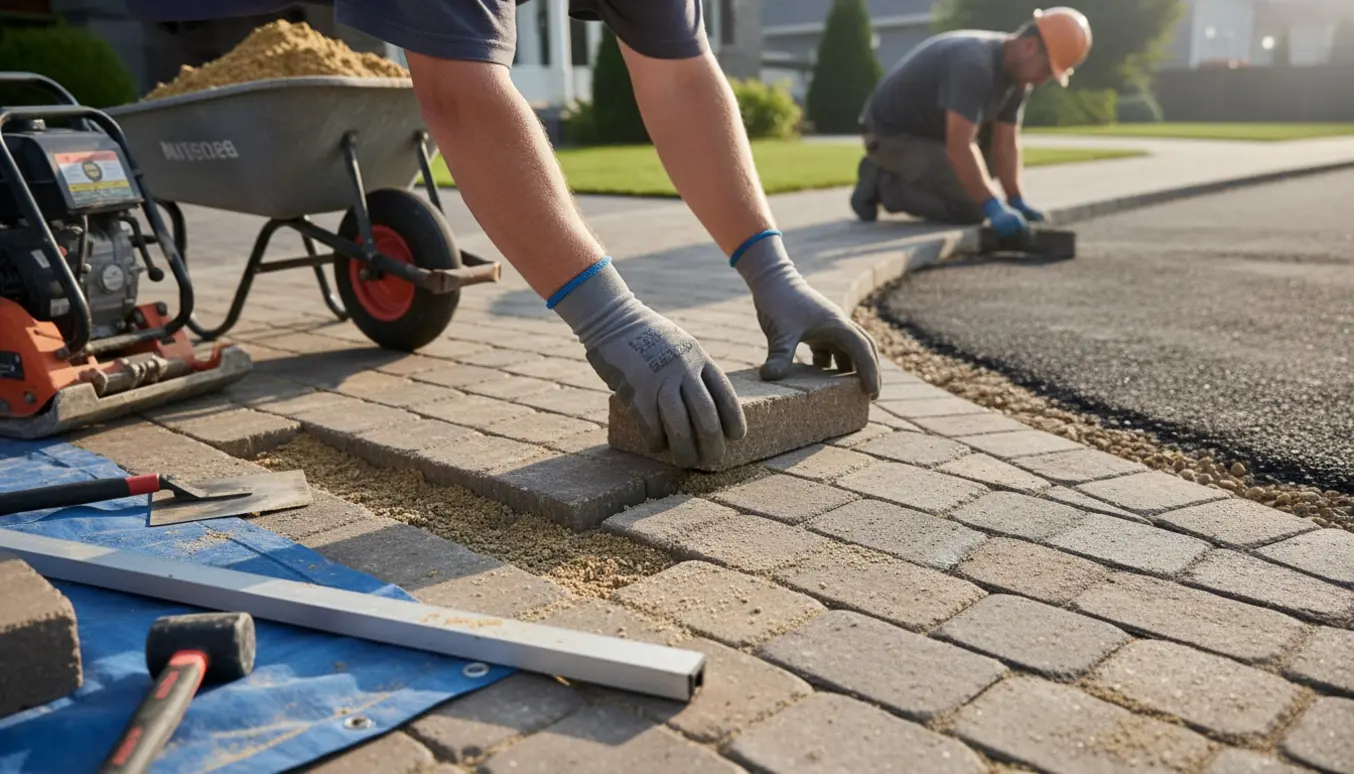 Nærbillede af en indkørsel under renovering med lagt belægningssten, værktøj og asfaltkant.