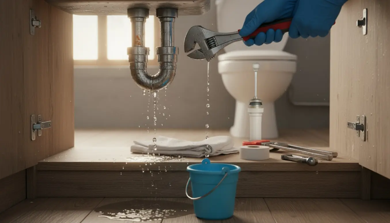 Utæt rør under køkkenvask drypper i en spand, mens et toilet med åben cisterne løber i baggrunden.