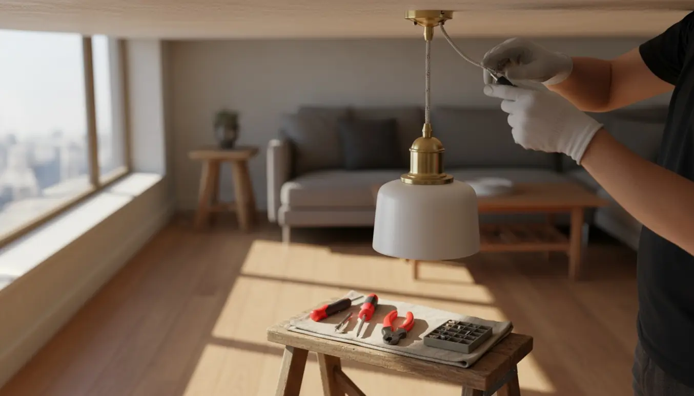 Hænger en pendel-lampe op i et lyst rum, hænder forbinder ledninger fra en stige.