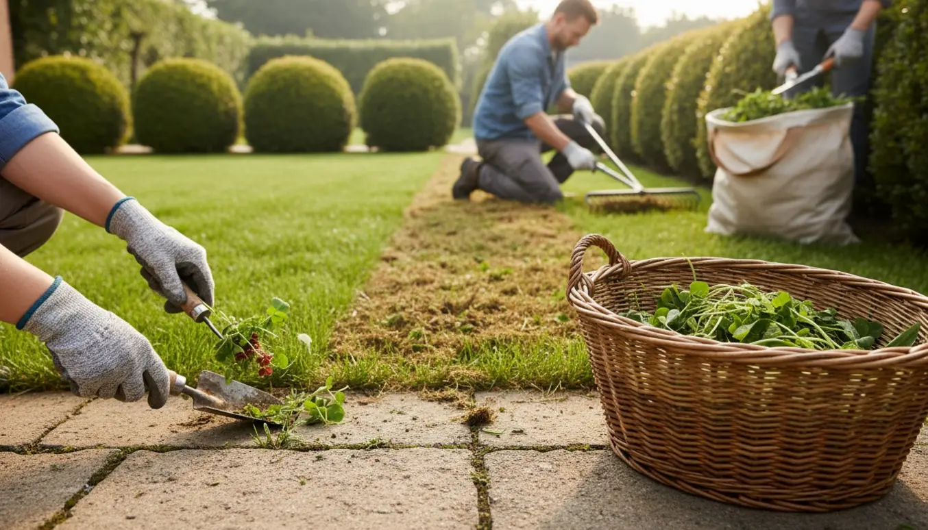 Havearbejde med fjernelse af ukrudt, mosudrensning på plænen og beskæring af buske.