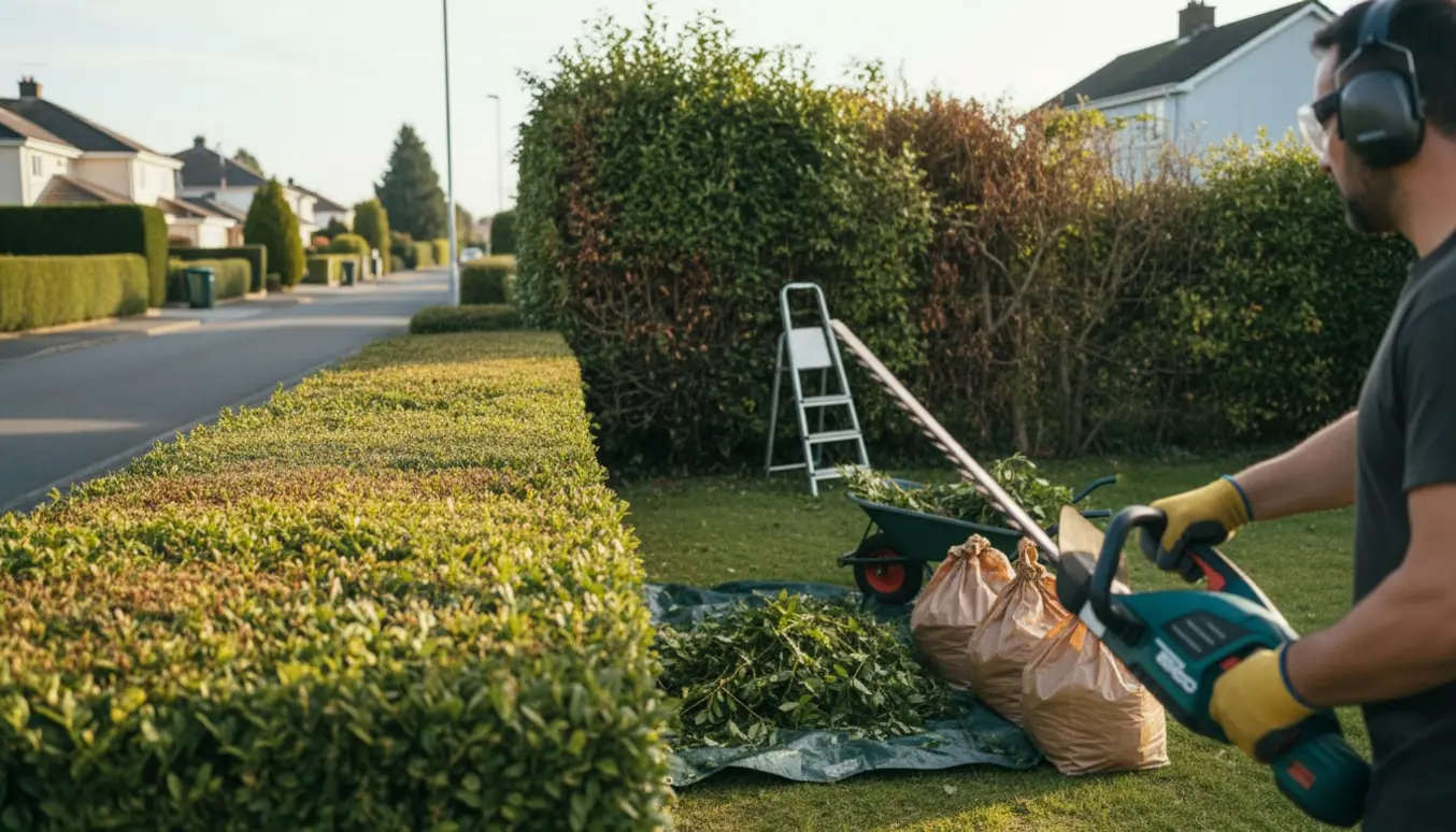 Hæk klippes i forhave og have med hækkeklipper, bunke af klip og fyldte haverposer klar til bortskaffelse.