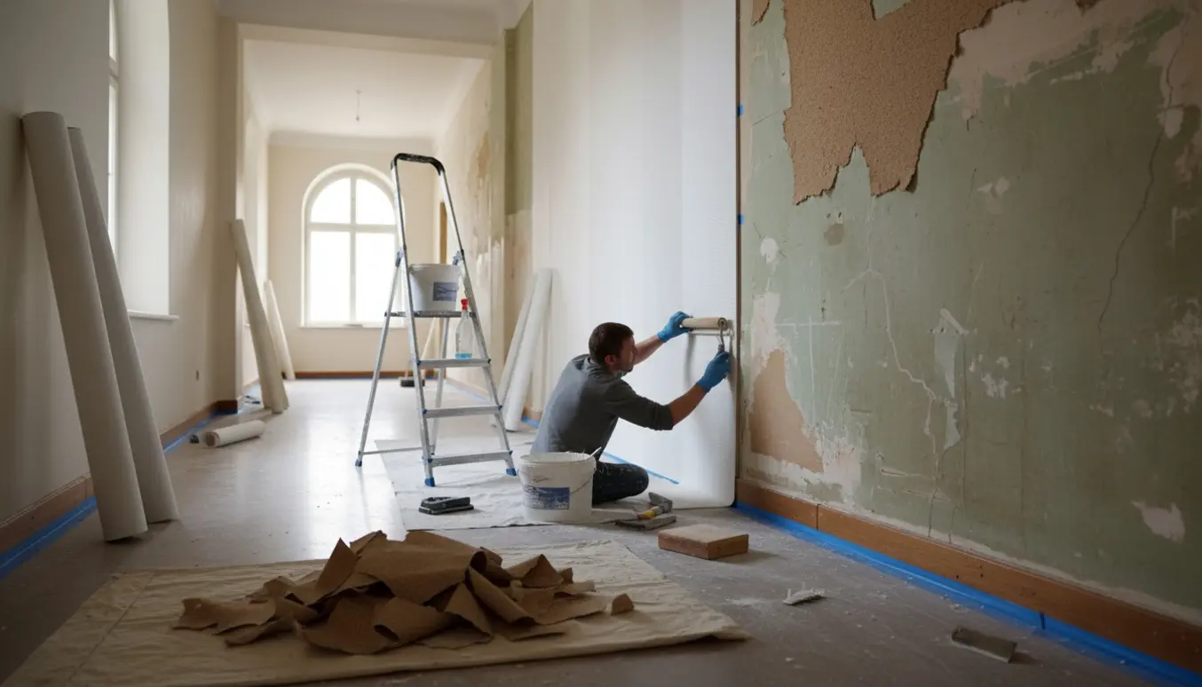 Højloftet gang under renovering med fjernet savsmuldstapet og opsat filt, værktøj og hænder i arbejde.