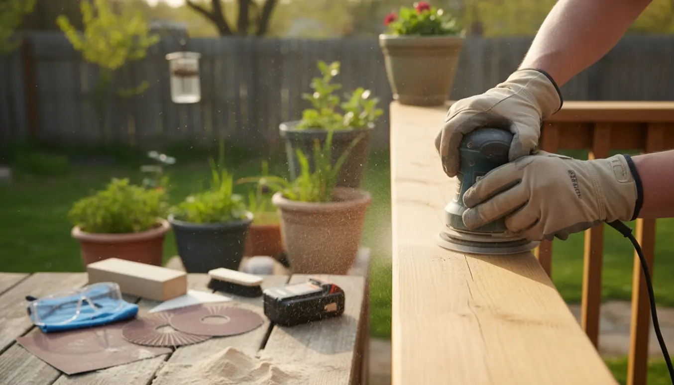 Hænder sliber udendørs træværk med elektrisk slibemaskine i blødt eftermiddagslys.