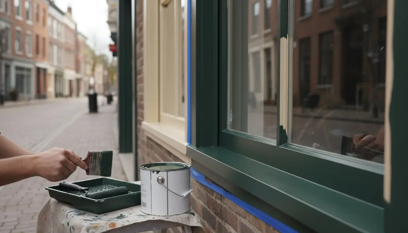 Nærbillede af udendørs malearbejde på to butiksruder og karme med pensel og malerbøtte.