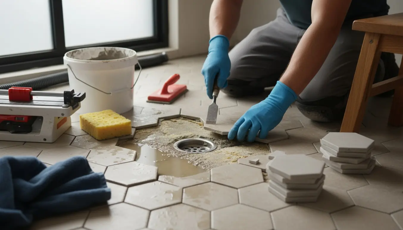 Nærbillede af udskiftning af badeværelsesfliser med værktøj og en vandpyt, der ikke løber til afløbet.