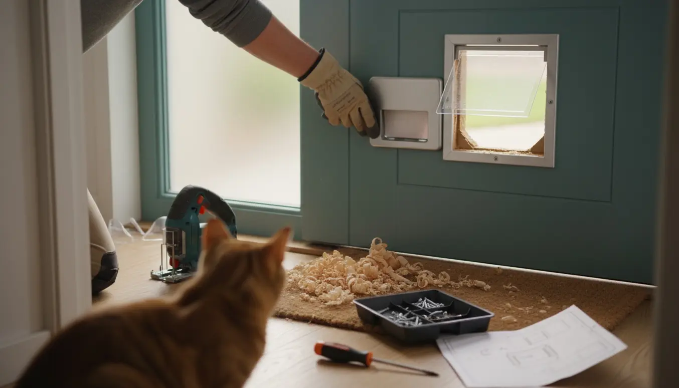Nærbillede af montering af kattelem i en hoveddør med værktøj og en nysgerrig kat i baggrunden.