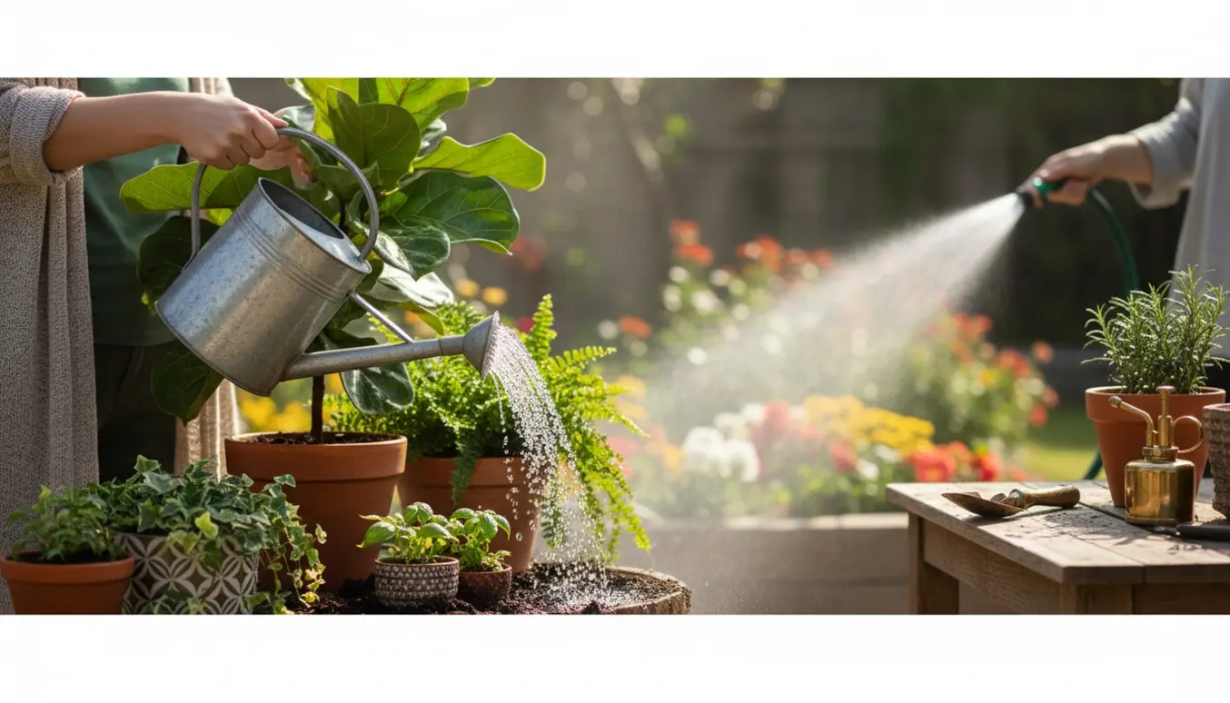 Person vander stue- og haveplanter på en solrig terrasse med vandkande og haveslange.