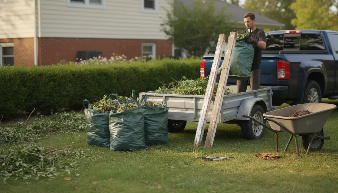Sække med haveaffald, hækklip og to stolper ved en trailer i en sollys baghave.