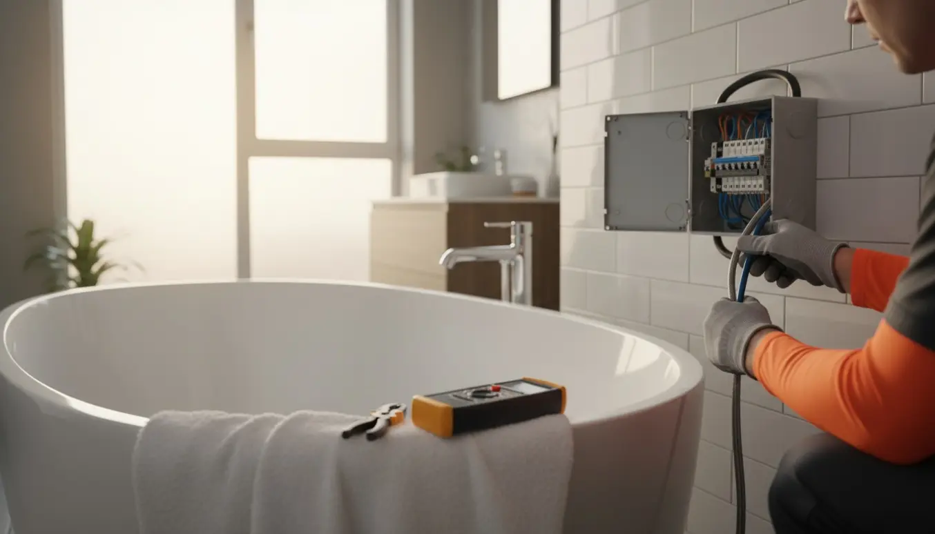Elektriker tjekker og udbedrer strømforsyning til nyt badekar i et moderne badeværelse.