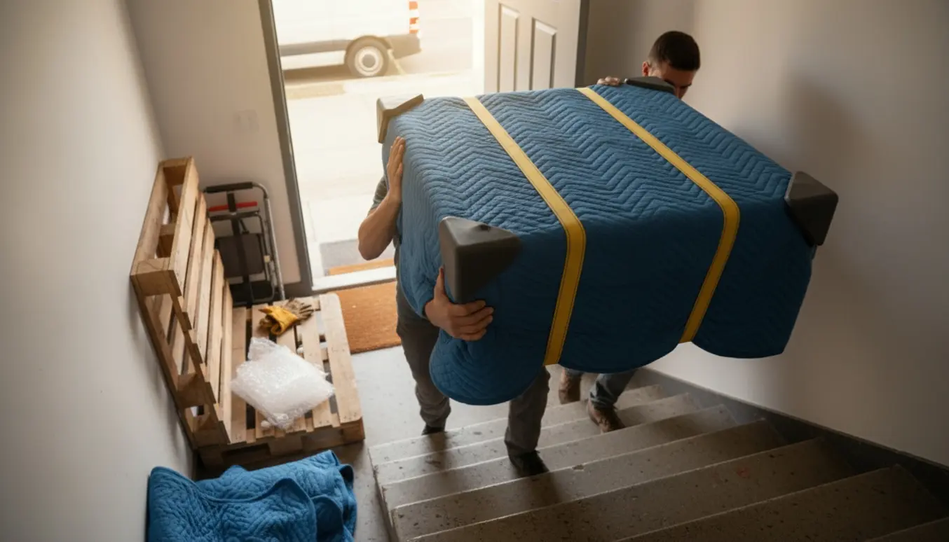 To personer bærer et stort, indpakket sofabord op ad en trappe til første sal ved leveringen.