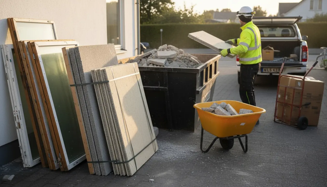 Skraldespand fyldt med betonaffald og stakke af gamle vinduer, Fermacell- og Troldtekt-plader klar til bortkørsel.