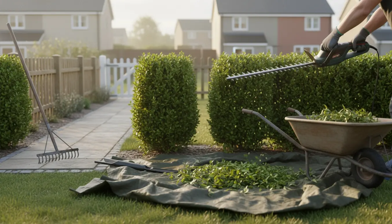 To små nabohække klippes med en hækkeklipper, friske afklip samles i en trillebør.