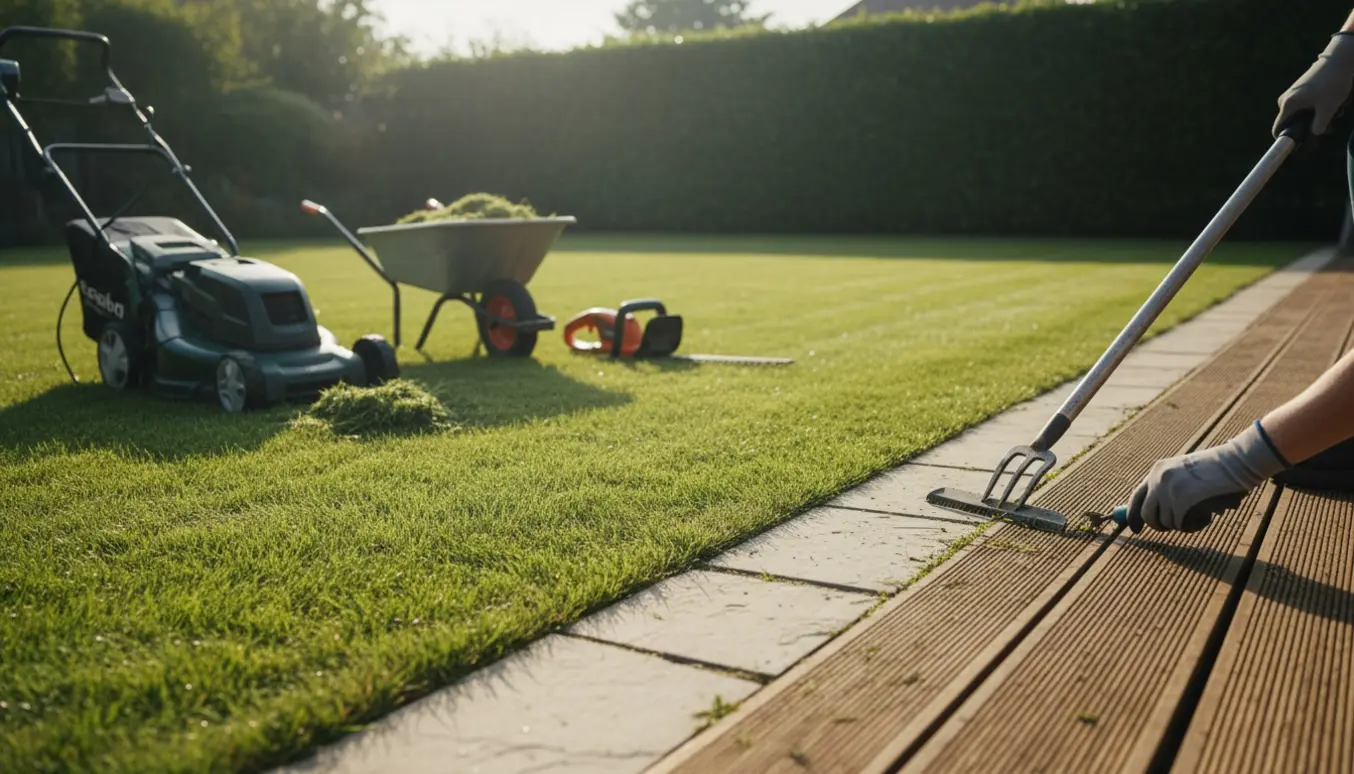 Glovede hænder renser ukrudt ved kanten af en træterrasse med nyslået græs og en trillebør med afklip.