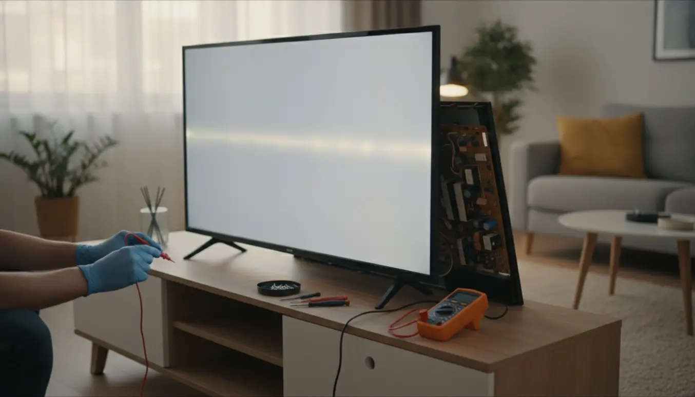 Hænder tester en fladskærms-tv's strømforsyning med multimeter og åbent bagpanel i en stue.