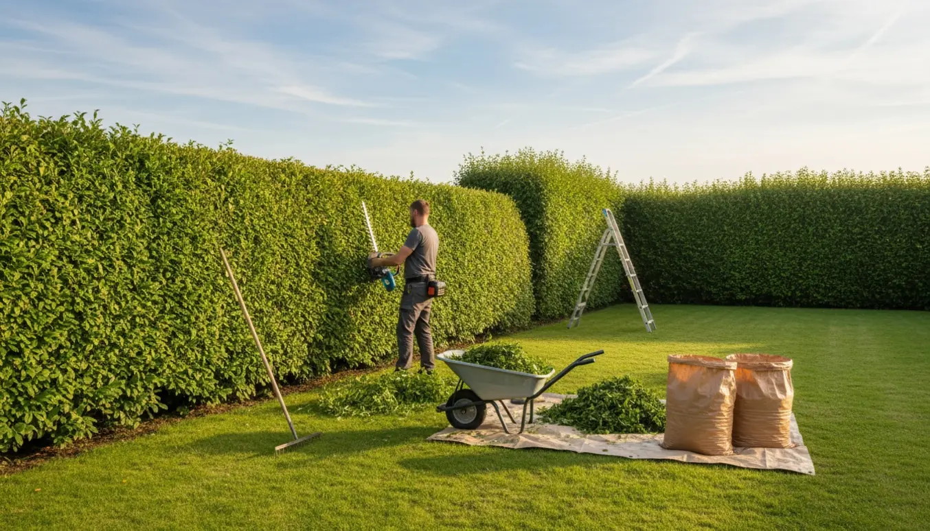 Person klipper ligusterhæk i en rummelig have og samler afklip i en trillebør.