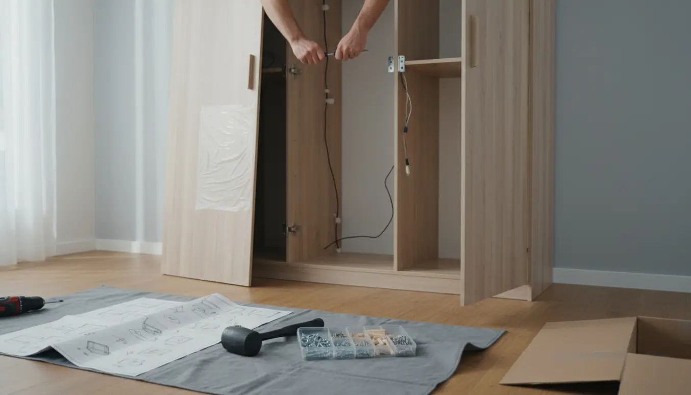 Hænder skruer et nymonteret fladpakket klædeskab med tre låger fra hinanden ved hjælp af værktøj.