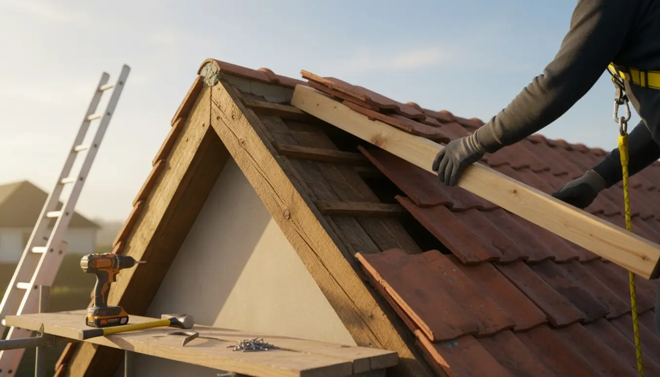 Hænder monterer en ny tagbjælke tæt ved gavlen på et tegltag.
